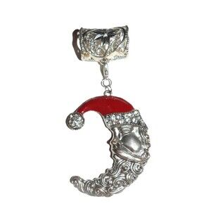 Scarf Slide Cresent Moon Santa Face Red Enamel Hat Clear Rhinestones Silvertone